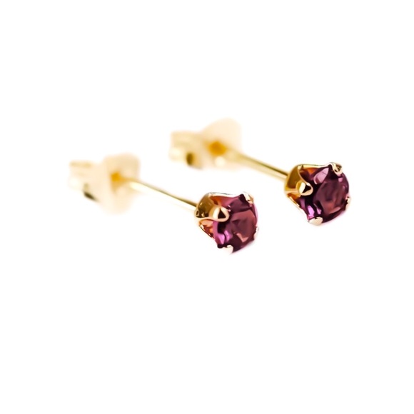 14K Yellow Gold 3mm Genuine Rhodolite Garnet Gemstone 4 Prong Set Stud Earrings - Picture 2 of 6